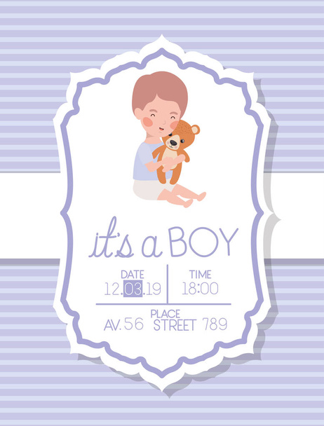 its a boy baby shower card with kid and bear teddy - Vector, afbeelding