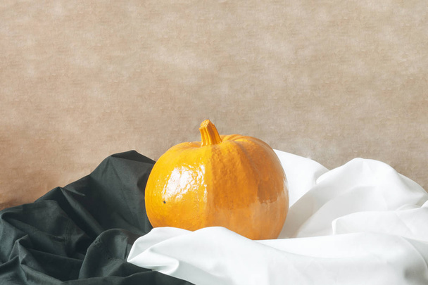 Big Halloween pumpkin on black and white textile background - Photo, Image