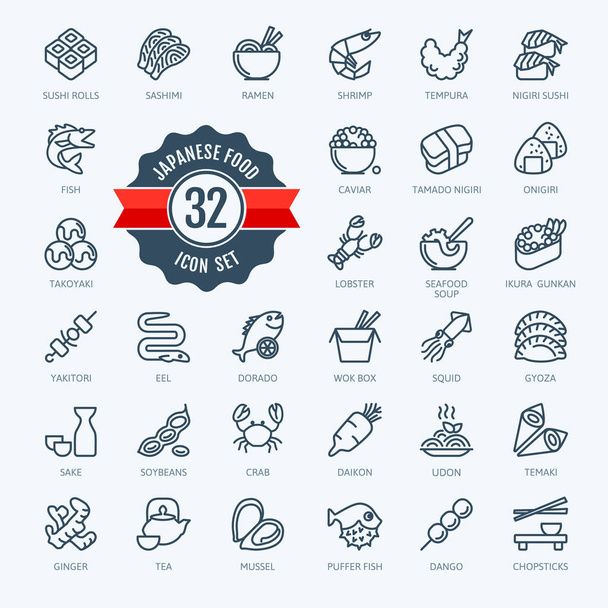 Japan, Japanese food, Japaneze cuisine - minimal thin line web icon set. Outline icons collection for menu, restaurant, sushi bar, gastronomic tour. Simple vector illustration. - Vector, Image