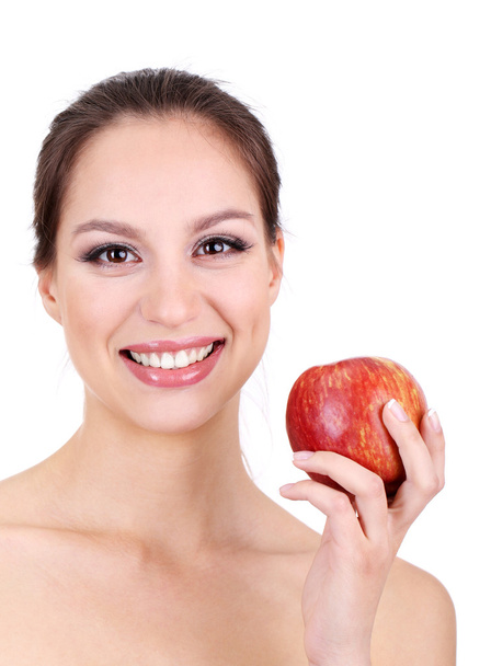 Smiling woman with apple isolated on white - Foto, Imagem