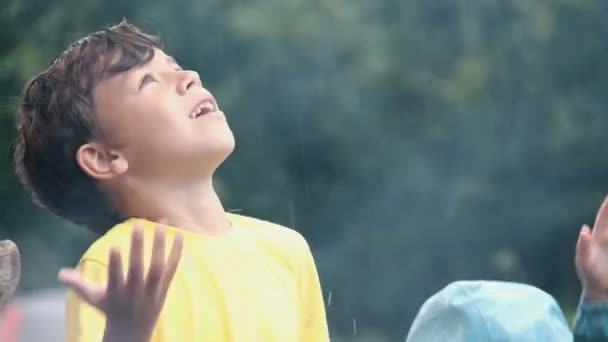 Ein fröhlicher Junge im gelben T-Shirt fängt Regentropfen auf die Natur. Rauch vom Feuer bei einem Picknick. Wandern, Tourismus und Familienurlaub. Aktiver Lebensstil. - Filmmaterial, Video