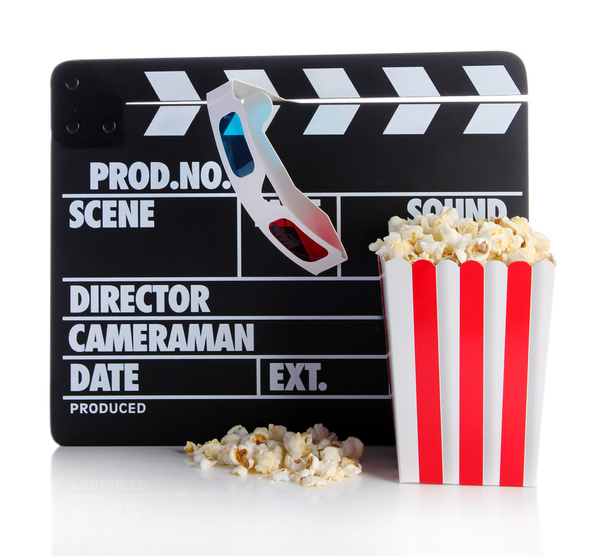 Film clapperboard popcorn et lunettes 3D, isolé sur blanc
 - Photo, image