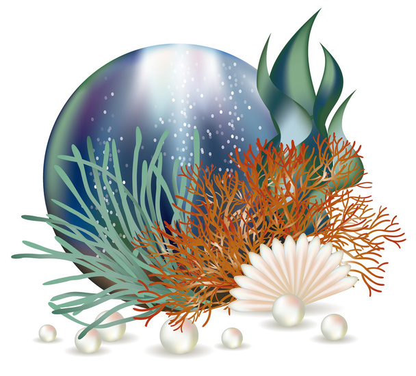 Underwater world banner with seashell and pearls, vector illustration - Διάνυσμα, εικόνα