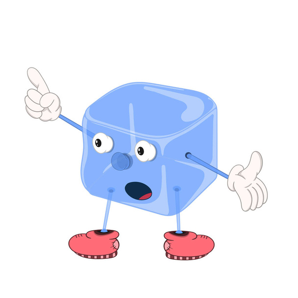 Смешной мультяшный голубой кубик льда с глазами, руками и ногами в обуви, показывает пальцем на воображаемом объекте
. - Вектор,изображение