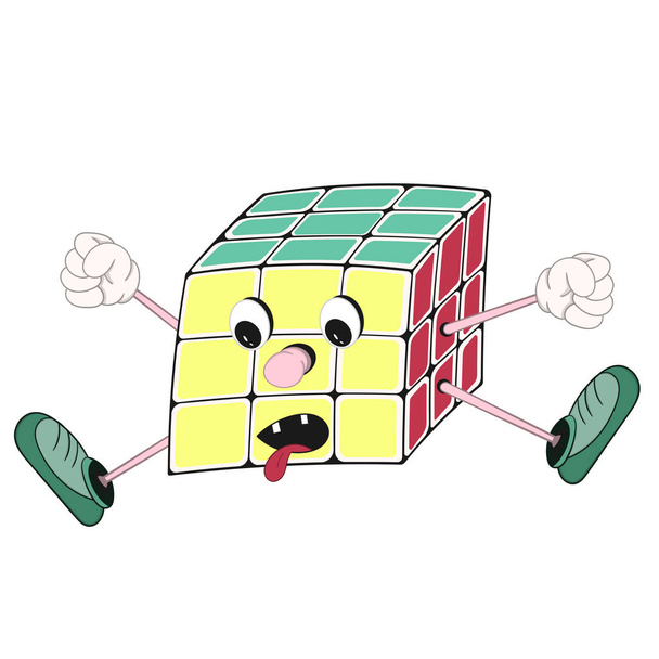 Divertido cubo de dibujos animados de Rubik con ojos, brazos y piernas en zapatos, saltando excitado y agitando sus brazos y piernas
. - Vector, imagen