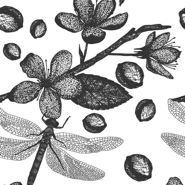 Dragonfly seamless pattern with cherry flower - Διάνυσμα, εικόνα