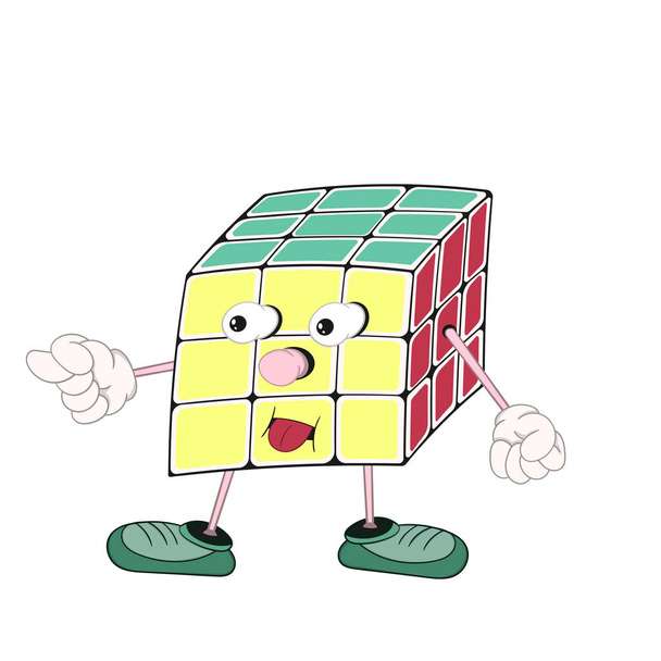 Divertente cartone animato cubo di Rubik con occhi, braccia e gambe in scarpe, mostra un gesto indecente e sporge la lingua
. - Vettoriali, immagini
