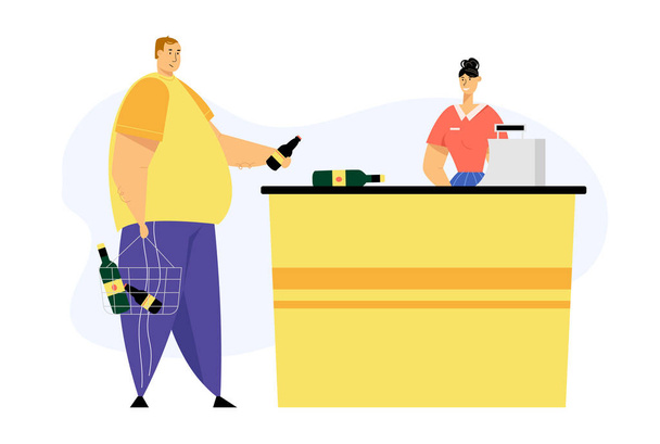 Customer Male Character with Alcohol Bottles in Shopping Basket Pay for Purchases on Cashier Desk with Shop Assistant Scanning Products. Man Visit Grocery, Supermarket Cartoon Flat Vector Illustration - Vector, Image