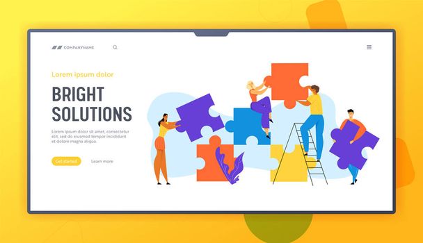 People Group Set Up Huge Puzzle Pieces. Businesspeople Teamwork, Office Employees Cooperation, Collective Work, Partnership Website Landing Page, Web Page. Cartoon Flat Vector Illustration, Banner - Vector, Image
