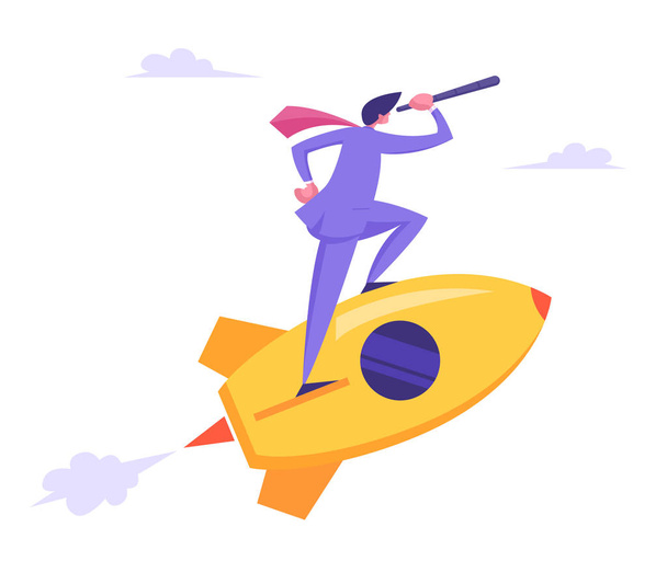 Startup Concept with Businessman Character Looking Through Spyglass Flying on Rocket. Lanzamiento de un nuevo proyecto empresarial, puesta en marcha exitosa. Innovación Idea Investigación. Dibujos animados plana Vector Ilustración
 - Vector, imagen