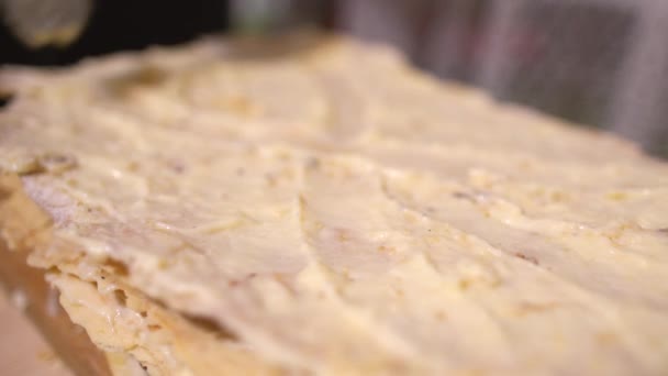 Spatula kenetet krém tetején egy Napóleon torta-4k. - Felvétel, videó