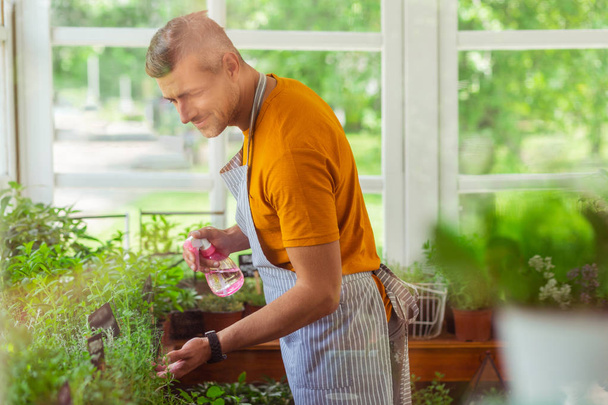 Happy florist taking care of plants in his shop. - Fotografie, Obrázek