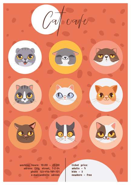 Cat cafe faces or heads poster illustration. Cartoon animal happy muzzles. Cat cafe advertisement banner, flyer, invitation, brochure beautiful pets. - Photo, Image