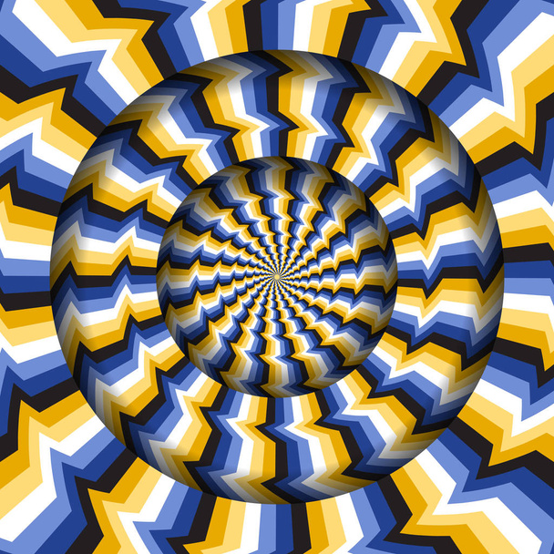 Abstracte ronde frame met een roterende geel blauw zwart wit glitch strepen patroon. Optische illusie hypnotische achtergrond. - Vector, afbeelding