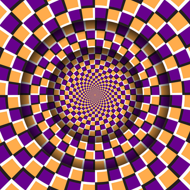 Marco redondo abstracto con un patrón a cuadros naranja púrpura en movimiento. Ilusión óptica fondo hipnótico
. - Vector, imagen