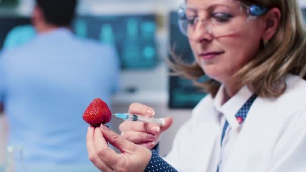Nahaufnahme statischer Aufnahme einer Forscherin, die Erdbeeren Gmo injiziert - Filmmaterial, Video