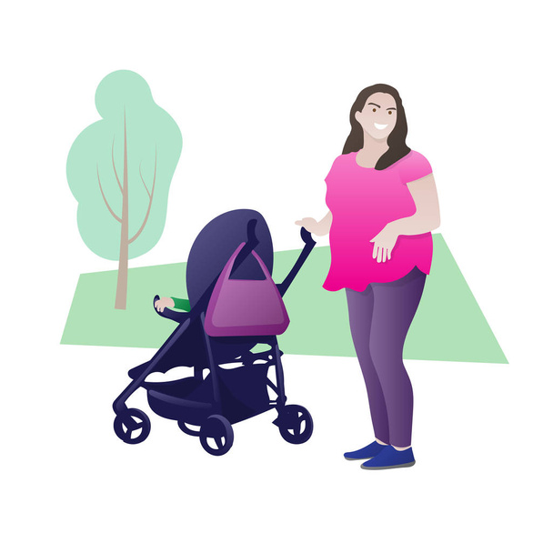 Happy mother walking with child. Nice smiling woman carrying a baby in a stroller - Vector, Image