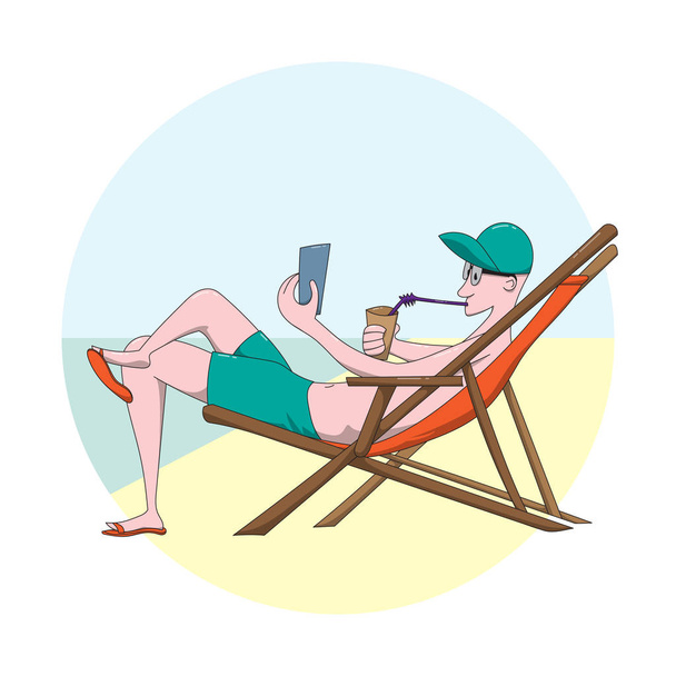 Мультяшний чоловік засмагає на пляжі. Хлопець відпочиває на шезлонгу з коктейлем і смартфоном в руках
. - Вектор, зображення