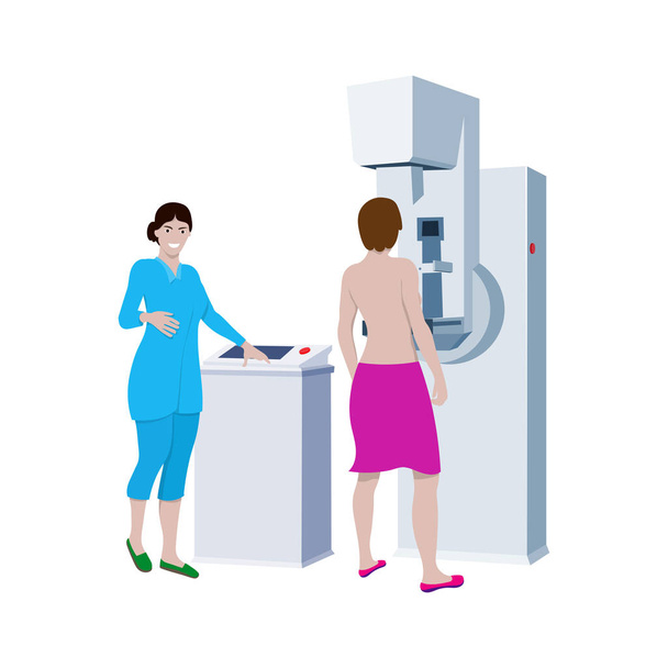 O médico examina a paciente na máquina de mamografia. Desenhos animados mulheres ilustração
. - Vetor, Imagem