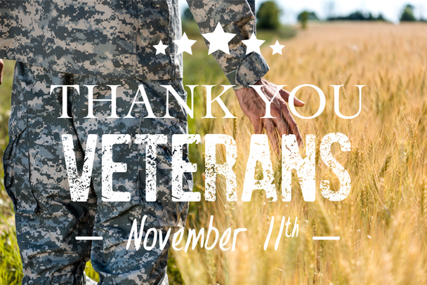 selective focus of soldier touching wheat in golden field with thank you veterans illustration - Foto, afbeelding