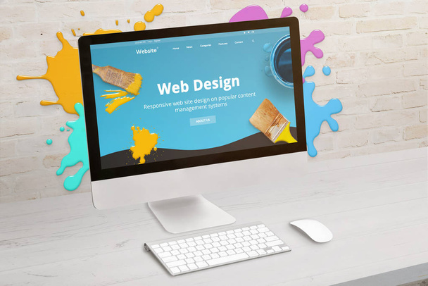 Fogalma web design stúdió coimputer kijelző és színes csepp a téglafal. Modern web design Teme a képernyőn. A modern grafikai stúdióasztal fogalma. - Fotó, kép