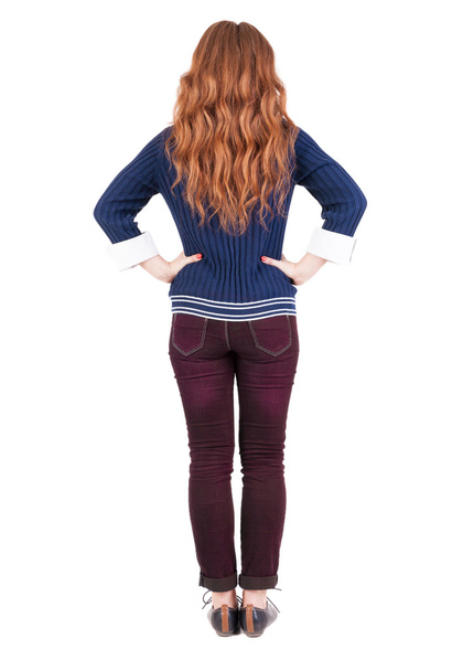 back view of standing young beautiful redhead woman. - Photo, image