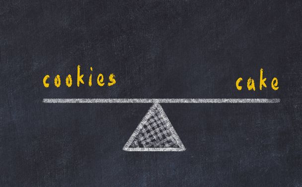Chalk board sketch of scales. Concept of balance between cookies and cake - Photo, Image