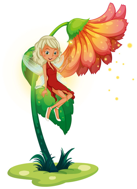 A fairy floating near the giant flower - Vector, Image