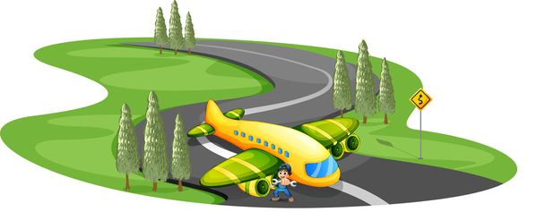 ein Junge mit einem Flugzeug, das auf der langen kurvenreichen Straße landet - Vektor, Bild