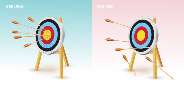 Arrows at the center of the target. Always dart in the target. And all miss the target goal. Failing to hit the target. Vector illustration. Isolated on white background. - Vector, Image