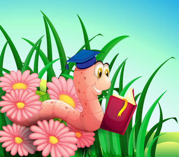 Земляной червь, читающий книгу в саду
 - Вектор,изображение