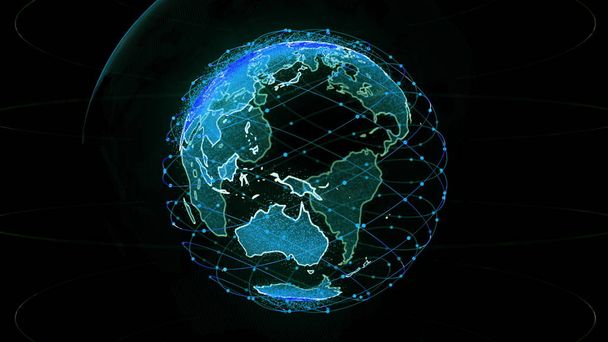 デジタル地球データグローブ - 世界中の抽象的な3Dレンダリング衛星ネットワーク。科学技術のスターリンク衛星は、惑星地球を取り囲む1つのウェブまたはスカイブリッジを作り出す - 写真・画像