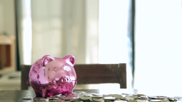 Menina bonito colocando moedas em porquinho banco em casa
 - Filmagem, Vídeo