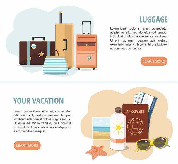 Due banner web per vacanze e viaggi. Valigie da viaggio, servizio biglietteria e accessori spiaggia
.  - Vettoriali, immagini
