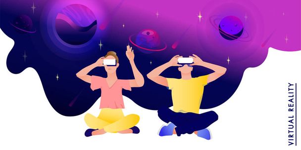 Couple in virtual reality glasses on a space abstract Background. - Vector, Image
