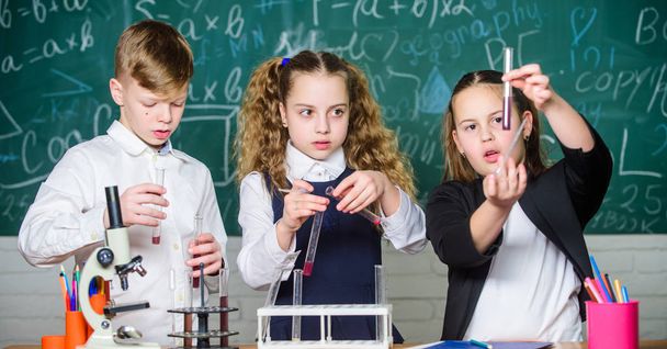 School laboratory. Group school pupils study chemical liquids. School chemistry lesson. Test tubes with substances. Formal education. Girls and boy student conduct school experiment with liquids - 写真・画像