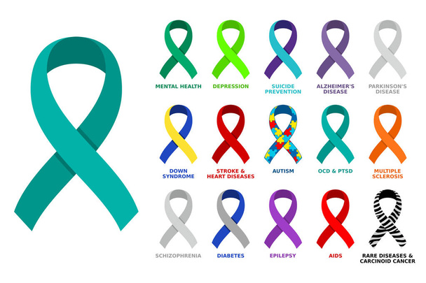 Different colored awareness ribbon collection. Set of colorful awareness ribbons regarding mental health,heart diseases,autism,PTSD and other conditions and disorders. Vector illustration, flat style, clip art. - Vector, Image