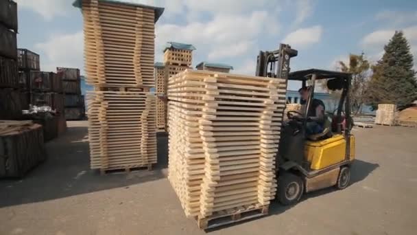 Forklift operator handling wooden pallets in warehouse. Man using loader dor Pack of wooden planks. - Footage, Video