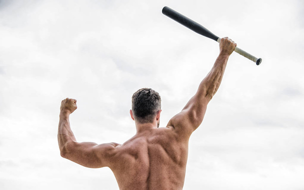 man with baseball bat. Simply the best. muscular back man isolated on white. posing in gym. criminal. Hooligan man hits the bat. Bandit gang and conflict. a full of energy. sport activity and gam - Fotó, kép