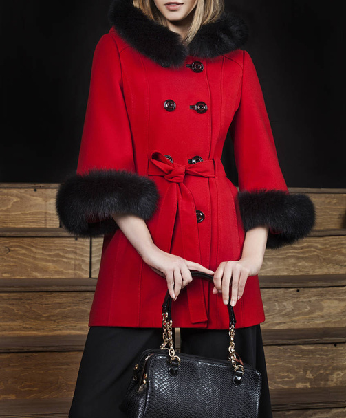 Female model in trendy red coat, studio shot - Fotoğraf, Görsel