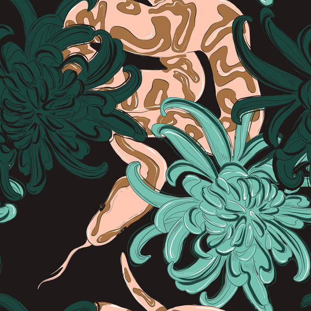 Snake and flowers coral green  pattern. Contrast  mint  beige snake and chrysanthemum isolated on black background. Seamless fabric design. Exotic jungle nature contemporary art - ベクター画像