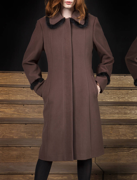Modelo feminino em casaco marrom na moda, tiro estúdio
 - Foto, Imagem