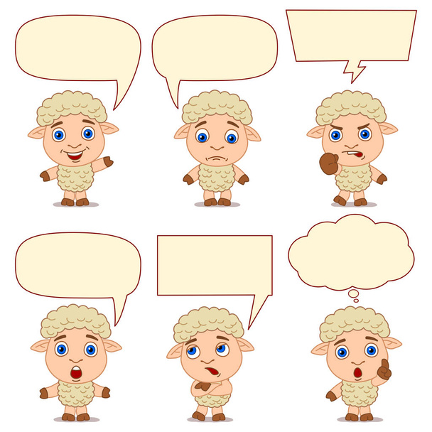 set of charming cartoon characters of lambs with speech bubbles in different poses  - Вектор,изображение