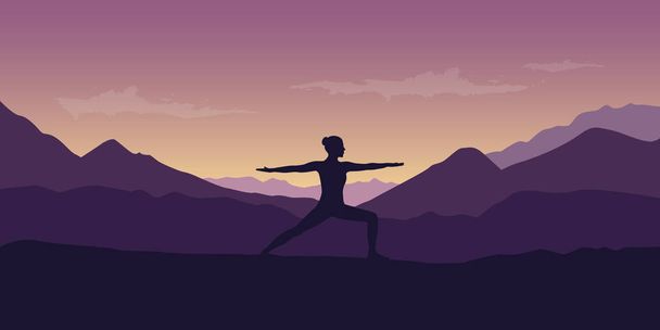 woman makes yoga pose at beautiful purple mountain nature landscape - Vector, Image