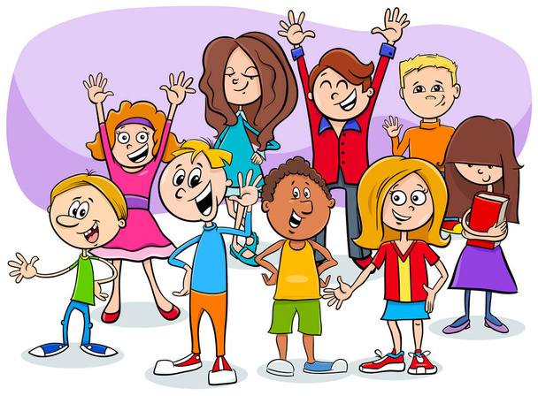 rajzfilm gyermekek és tizenéves karakterek csoport - Vektor, kép