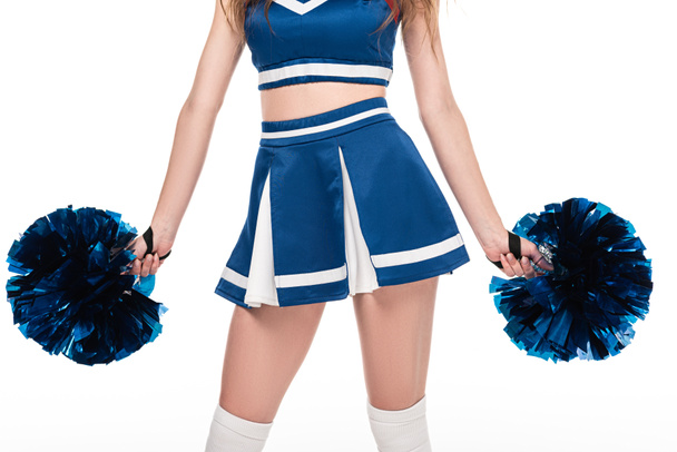 partial view of sexy cheerleader girl in blue uniform with pompoms isolated on white - Photo, Image