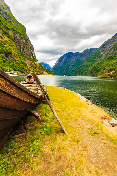Old viking boat on fjord shore, Norway - Zdjęcie, obraz