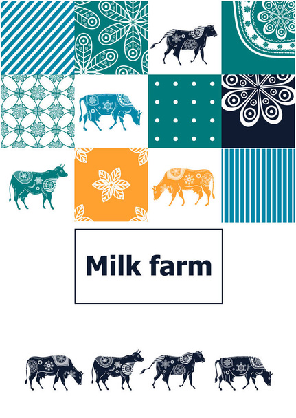 Agricultural brochure layout design. An example of a backdrop for cattle farm. Silhouettes of cows with floral ornament. Geometrical composition. - Διάνυσμα, εικόνα