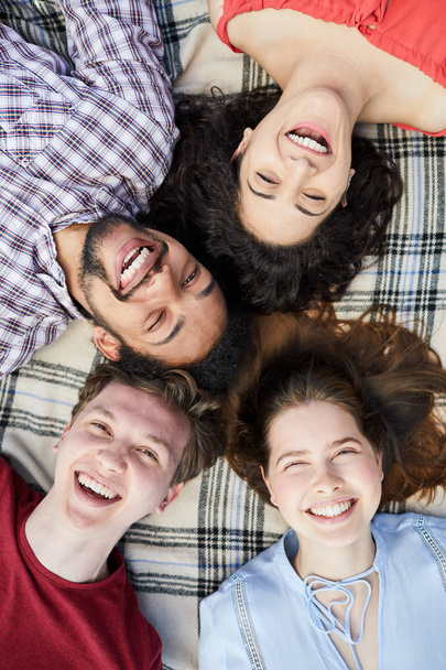 Top view portrait of group of friends lying in circle on picnic blanket and smiling happily at camera, copy space - Foto, afbeelding