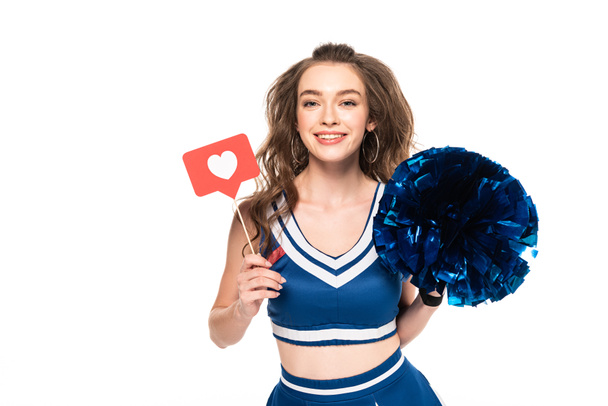 happy cheerleader girl in blue uniform holding pompom and like sign isolated on white - Photo, Image